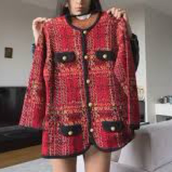Marks & Spencer ST MICHAEL FROM Red Black Gold Buttons Tweed Blazer size M 6 8 - Picture 2 of 11